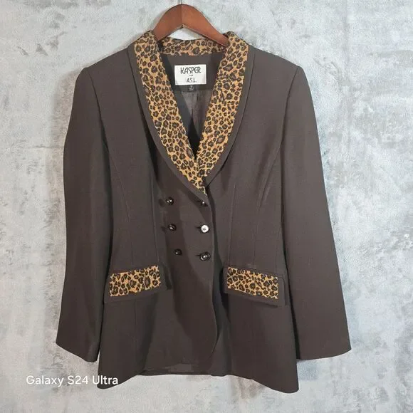 Kasper for A.S.L. Women's Brown Double Breasted Blazer Leopard Trim Size 6 - Picture 1 of 10